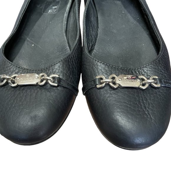 Gucci Black Leather Flats with Silver Tone Logo Plate Size 37.5 - Picture 4 of 12
